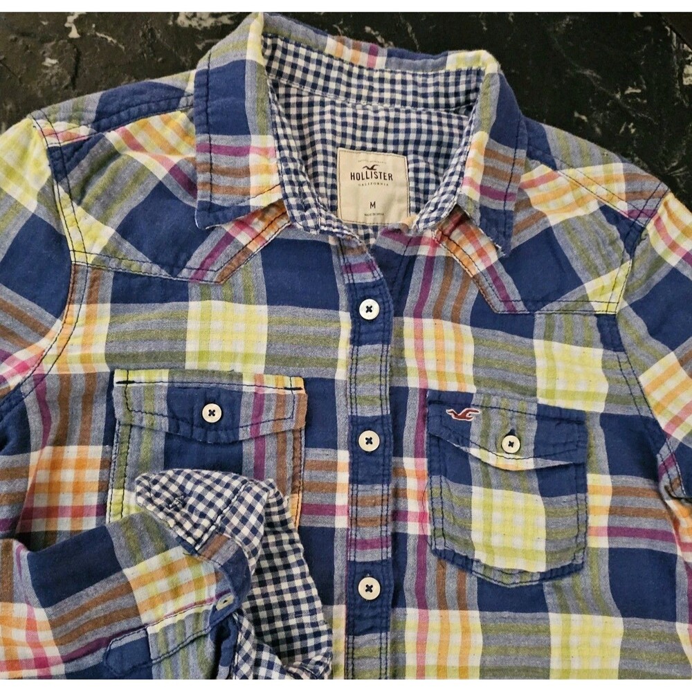 Hollister Madras Plaid Western Shirt Womens M Cotton Button Front Logo Y2K